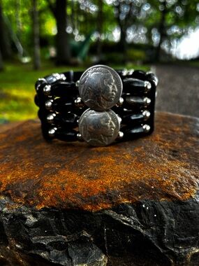 Black Leather Buffalo Indian Head Nickel Bracelet